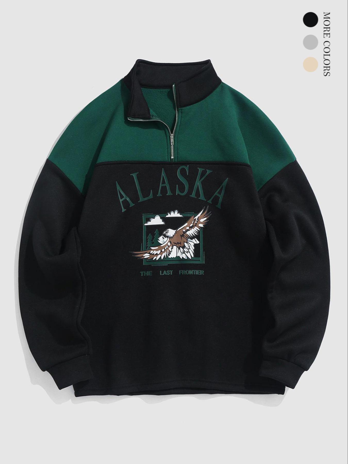 Men's Patchwork Letter & Eagle Print Quarter Zip Sweatshirt, Casual Regular Fit Long Sleeve Stand Collar Pullover for Fall & Winter, Men's Clothes for Daily Wear