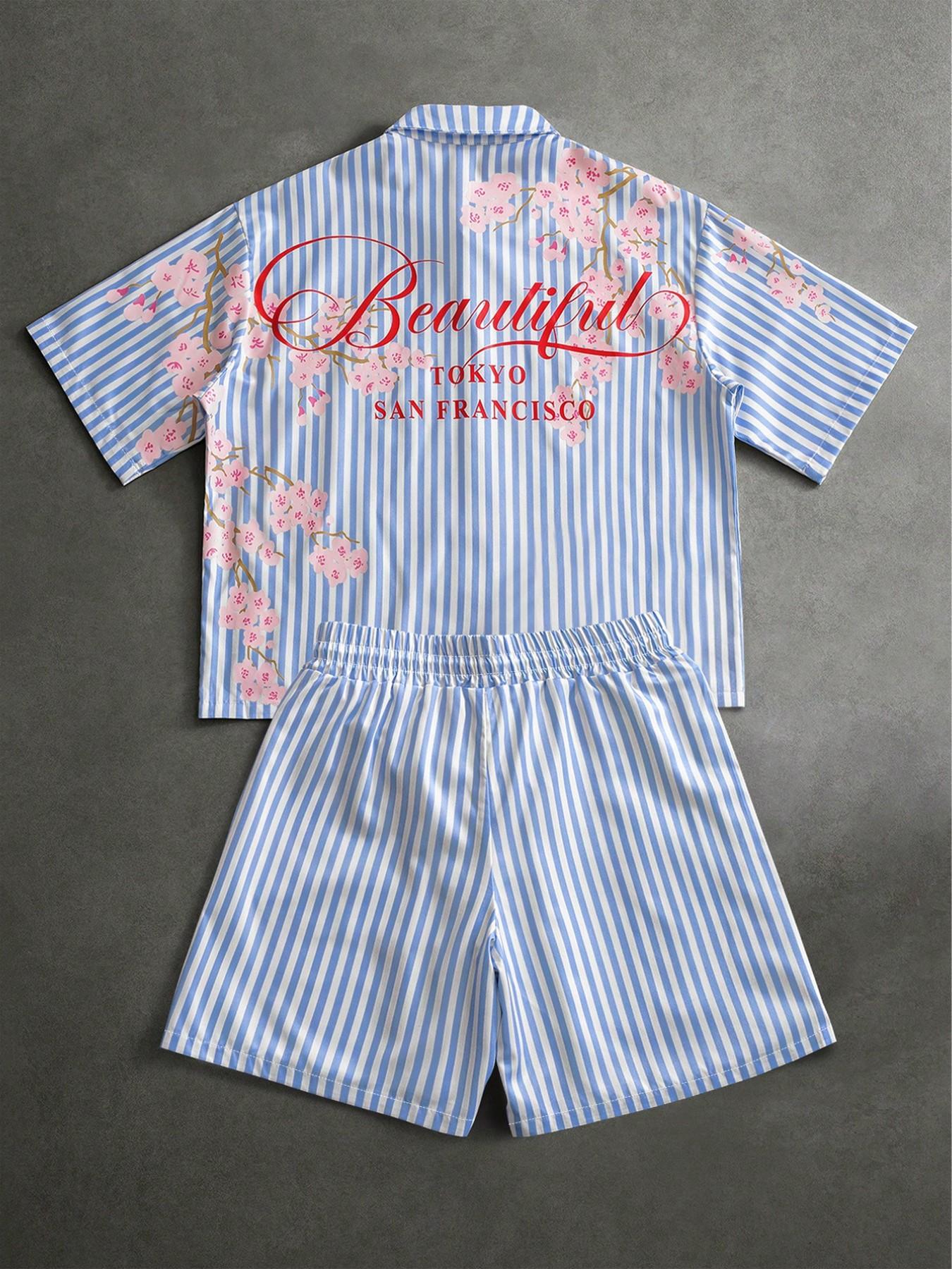 Men, Menswear, Blue White Vertical Striped Cherry Blossom Cursive Print Two Piece Outfit Oversized Short Sleeve Button Down Shirt Drawstring Waist Shorts Vintage West Coast Chicano Matching Summer Couple Tracksuit