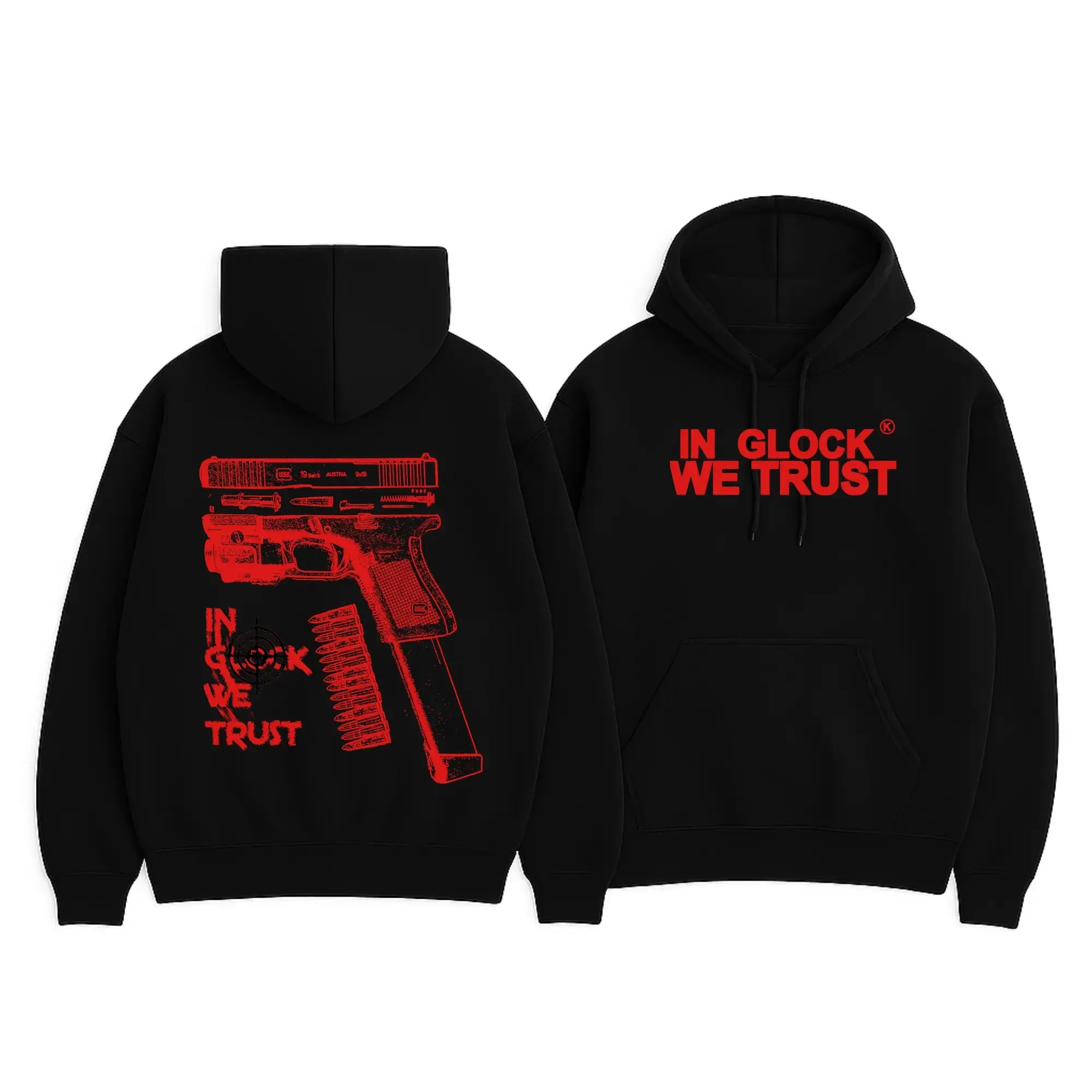 Men's Classic Long Sleeve Kangaroo Pocket Slogan Hoodie - "In Glock We Trust" Black Full-Color Graphic Menswear Layer, Unisex Day Wear Fashionable Casual Top (Slogan Hoodies & Sweatshirts), Sohochic