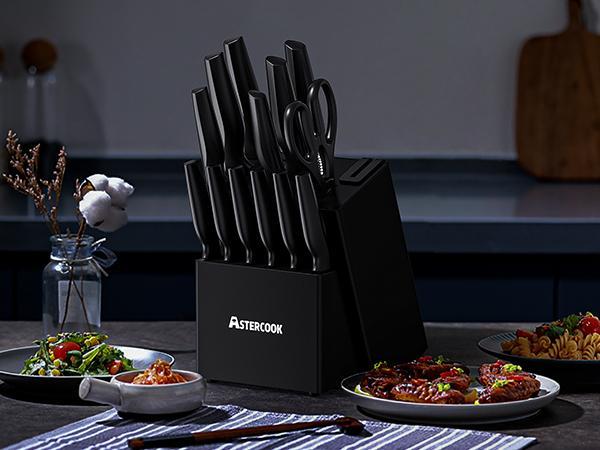 Astercook 15-Piece Knife Set with Built-in Sharpener, Stainless Steel, Dishwasher Safe, PP Handles, Hardwood Finish for Chopping and Dicing - Cutting Kitchen Kitchenware Modern Block Steak German