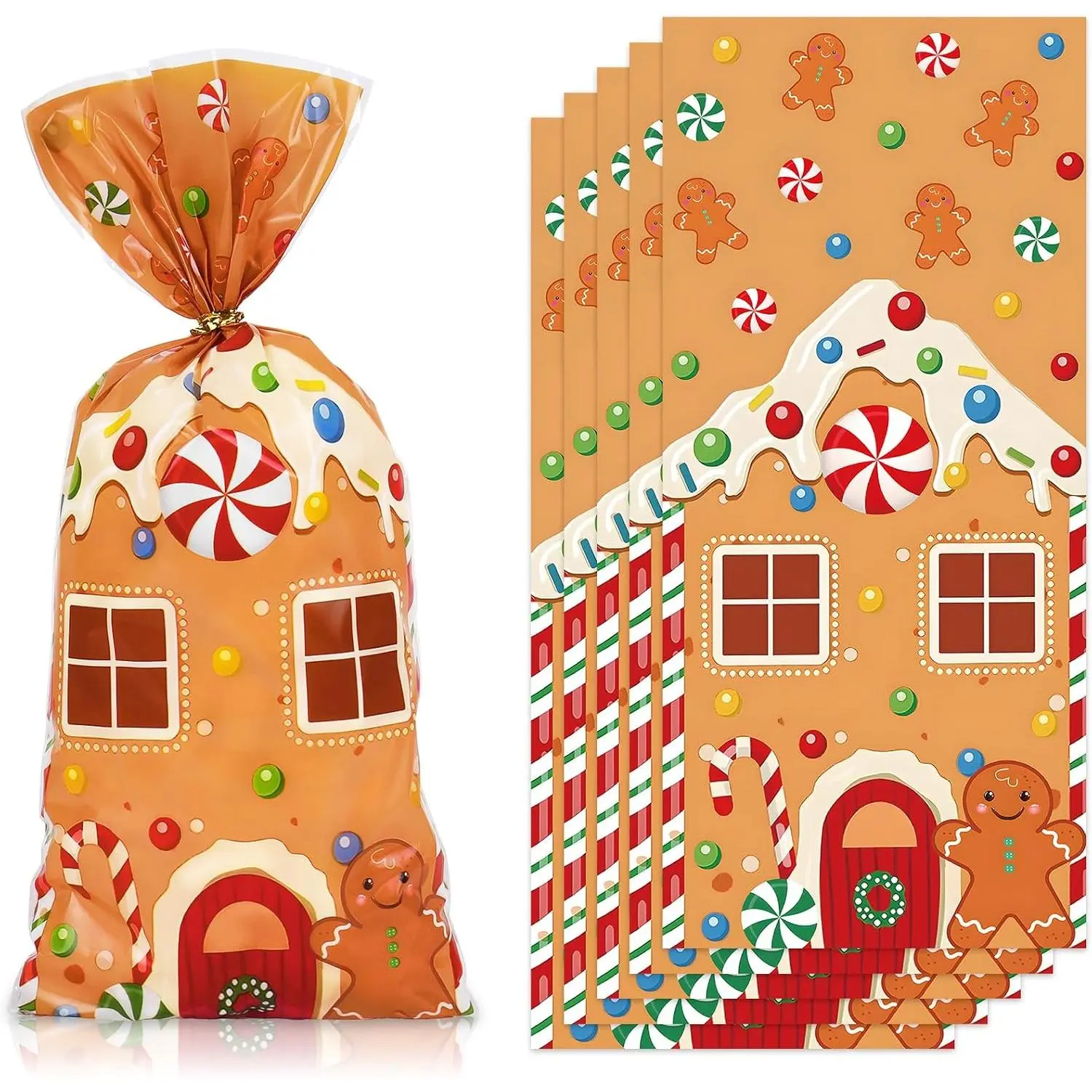 100 count Christmas Cellophane Bags with Twist Ties Gingerbread House  Bag Plastic Candy Goodie Bags for Xmas Birthday  Shower Party Favors Supplies