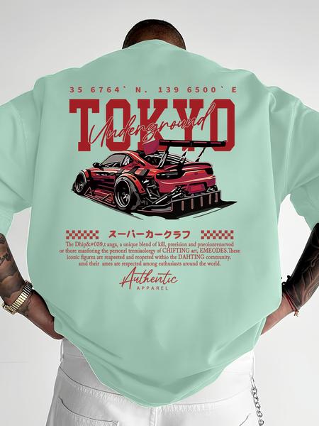 Men's Regular Fit Car & Letter Print Round Neck Tee, Street Fashion Casual Short Sleeve T-shirt for Daily Wear, Men's Top for All Seasons, Tropical, Streetwear