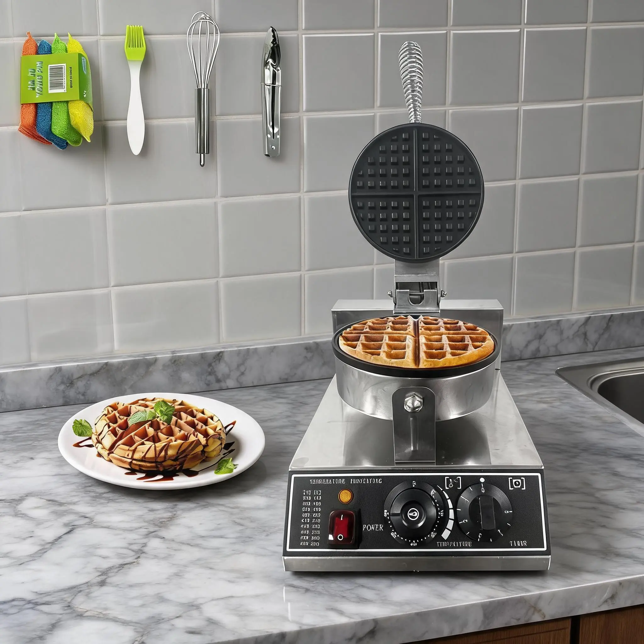 Commercial Waffle Maker, 1200W Stainless Steel Nonstick Round Waffle Iron with 122℉ to 572℉ Temp Range & Time Control, for Household Bakeries Snack Bar