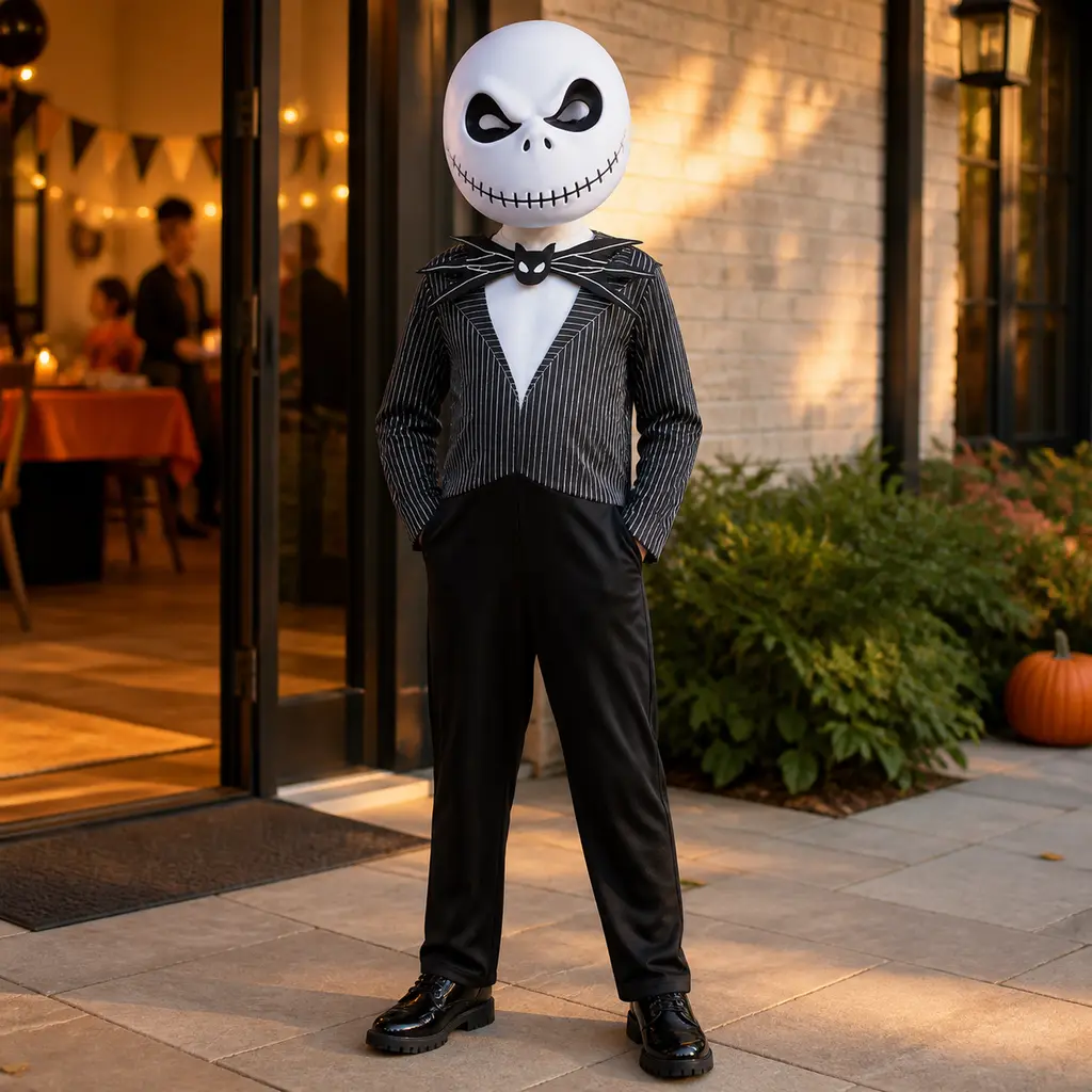Skeleton Costume Set with Mask and Pinstripe Jumpsuit, Halloween Cosplay Party Performance Outfit