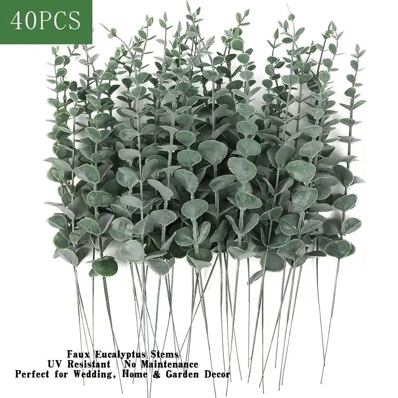 40 Pcs Artificial Eucalyptus Stems, UV Resistant Faux Greenery for Wedding Bouquets, Home Decor, Garden, and Floral Arrangements