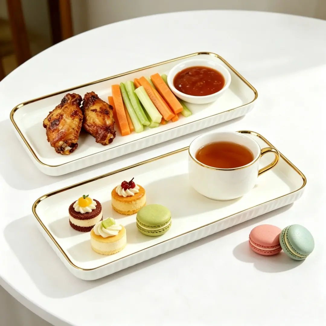 Gold Rim Ceramic Rectangular Dinner Plate Set, Sushi Plates, Japanese Creative Long Tray, Modern Ceramic Dinnerware, Decorative Plates, Dishwasher Safe, Oven Safe, Ceramics Tableware