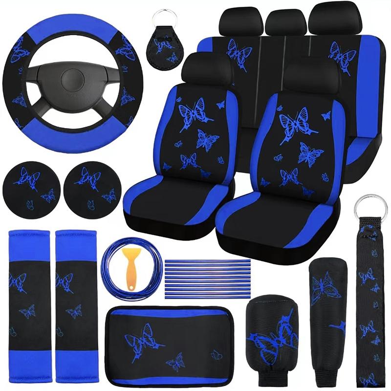 4 Butterfly-Themed Car Seat Cover & Interior Accessory Combo: Lightweight and Breathable Seat Covers for 5-Seater Vehicles, Butterfly-Print Steering Wheel Cover, and Additional Decorative Accents; Compatible with Most Sedan and SUV Models