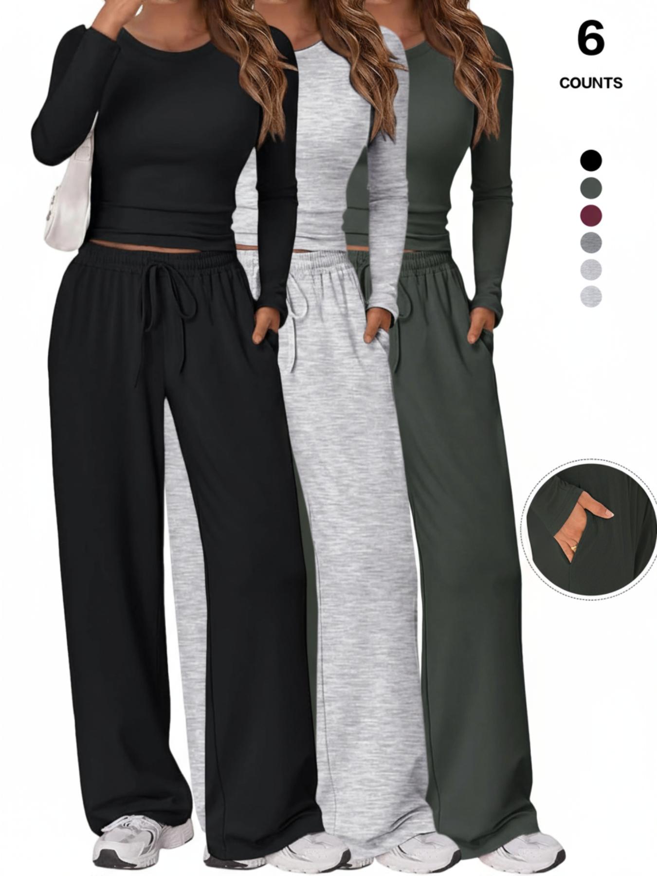 2026 Women's 2 Piece Matching Loungewear Set, Long Sleeve Slightly Crop Top & Wide Leg Drawstring Pants, Casual Sweatsuit for Comfortable Wear