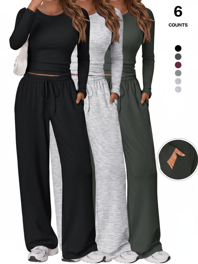 2026 Women's 2 Piece Matching Lounge Set, Long Sleeve Slightly Crop Top & Wide Leg Pants, Casual Sweatsuit for Comfortable Wear