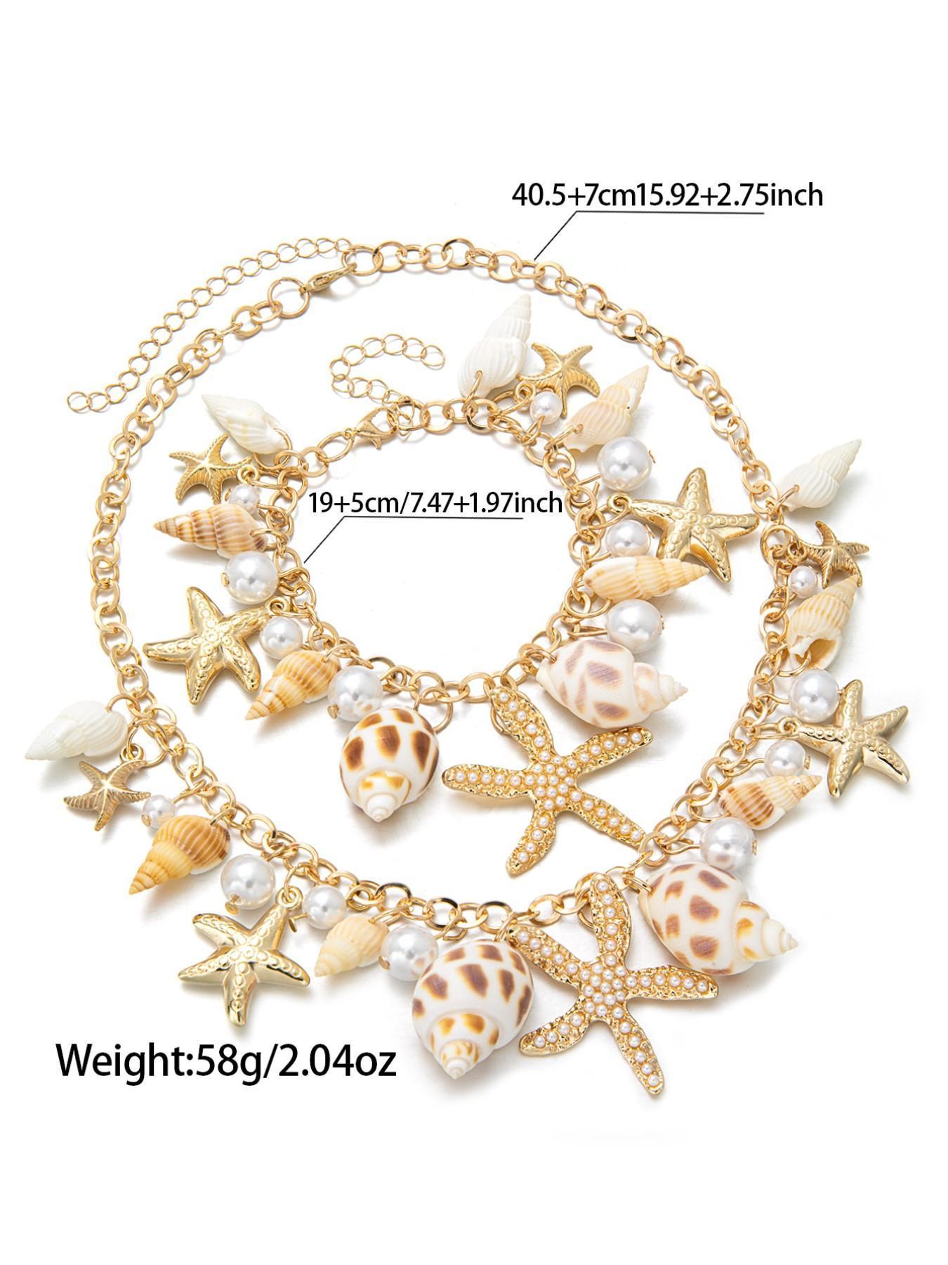 Unisex 2-Piece Ocean Theme Alloy Costume Jewelry Set - Imitation Pearl, Starfish, Shell, Geometric Pattern Necklace & Bracelet for Daily Wear, Gifting