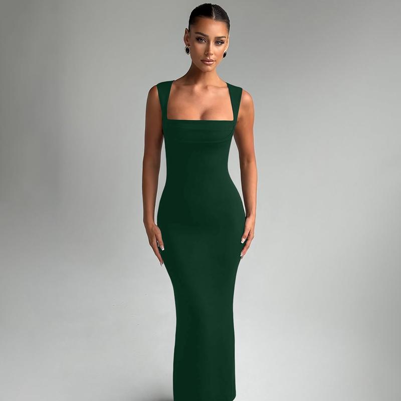 Women's Solid Color Square Neck Bodycon Tank Dress, Elegant Sleeveless Long Dress for Party Club Night Out Holiday Evening, Ladies Summer Clothes