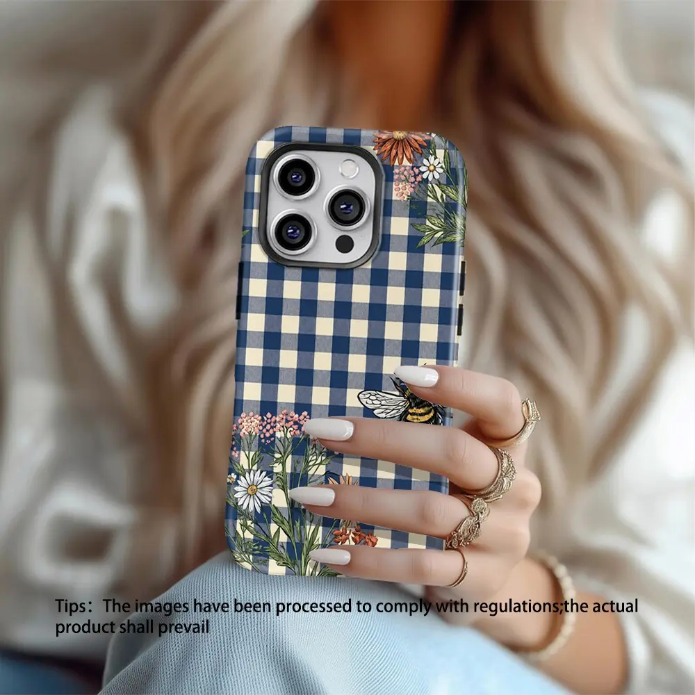 This is a minimalist, high-end phone case with a bee and wildflower checkered pattern. It's a 2-in-1 hard TPU case suitable for iPhone 17, 16, 15, 14, 13, 12, 11, Air, Plus, Pro, Max, and Galaxy series. It's comfortable to hold and doesn't easily yellow.