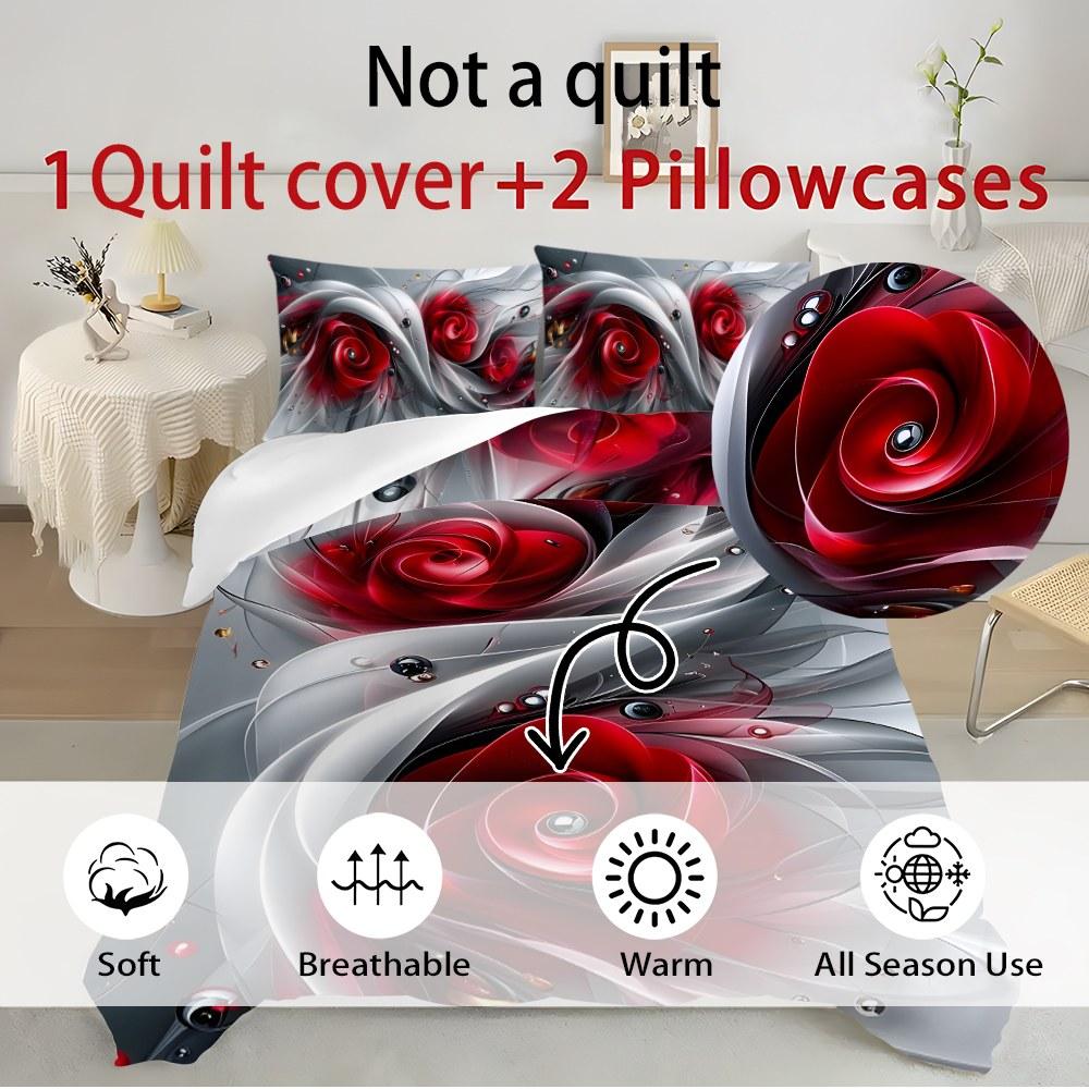 Three-piece bedding set - 2pcs/3pcs 2D Flat silver, white, and red rose abstract pattern duvet cover set (1 duvet cover + 1/2 pillowcases, no insert), multi-color printed bedding set, soft and comfortable, suitable for family bedrooms and guest rooms.