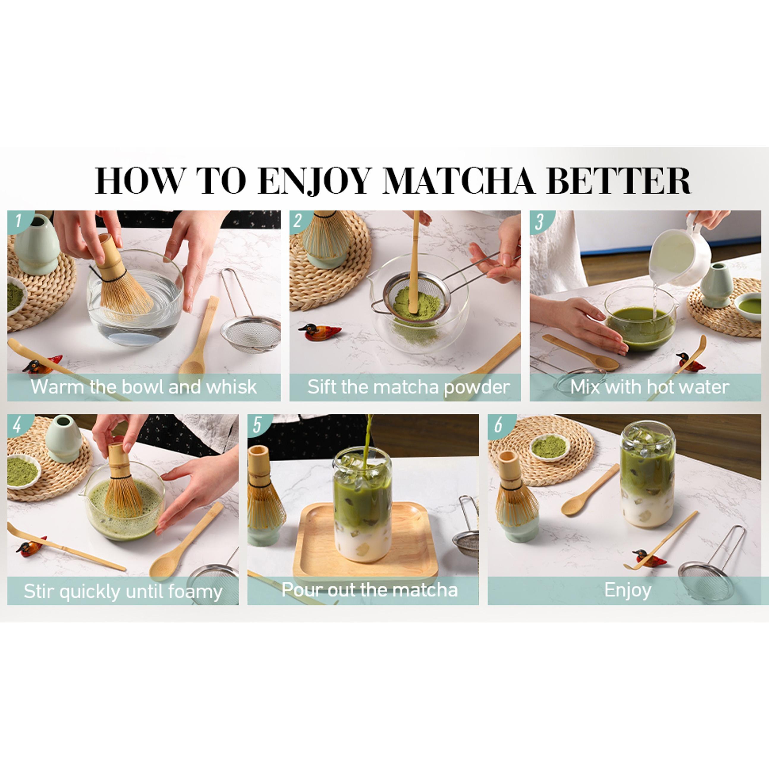 Matcha Whisk Set: Matcha Set with Bamboo Matcha Whisk and Ceramic Holder,Bamboo Scoop+Wooden Spoon,Scoop Holder,Sifter - Cute Matcha Tea Set - 6 Pcs Matcha Kit - Tools for Matchas Ceremonial Grade Kit