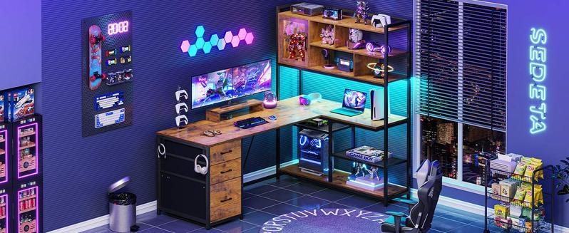 SEDETA 58-Inch L-Shaped Computer Desk with Storage, LED L-Shaped Gaming Desk with Storagefor Home Office Furniture Gaming