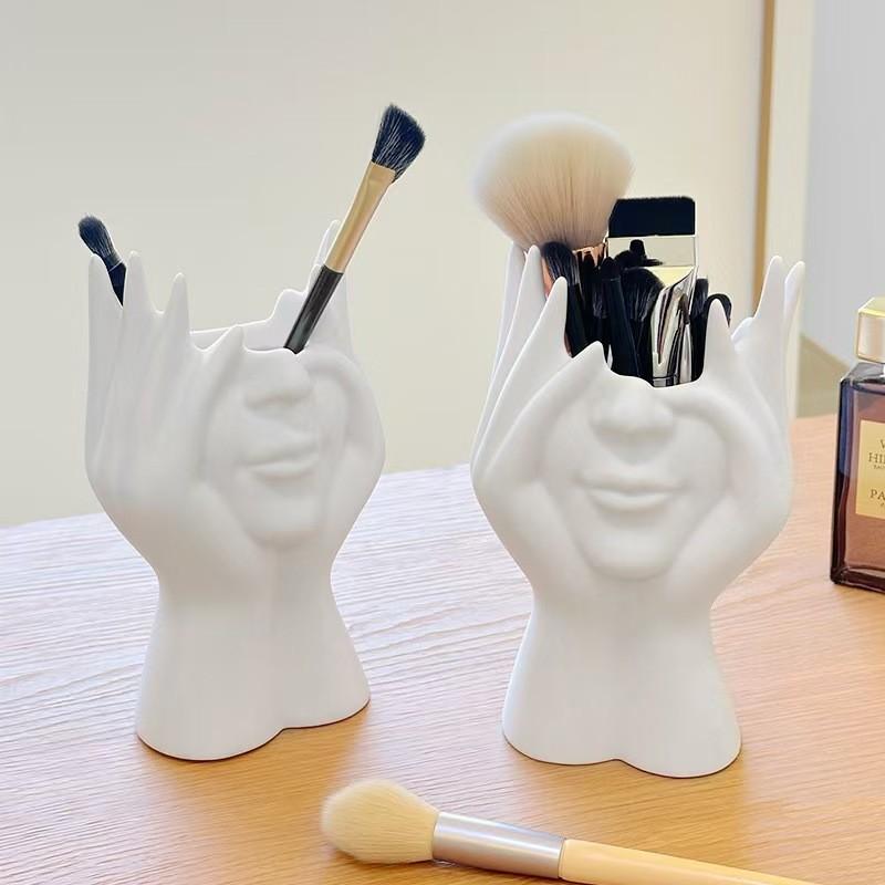 Artistic Hand and Face Sculpture Brush Holder, Minimalist Abstract Decor for Vanity and Desk, Elegant Desktop Accessory