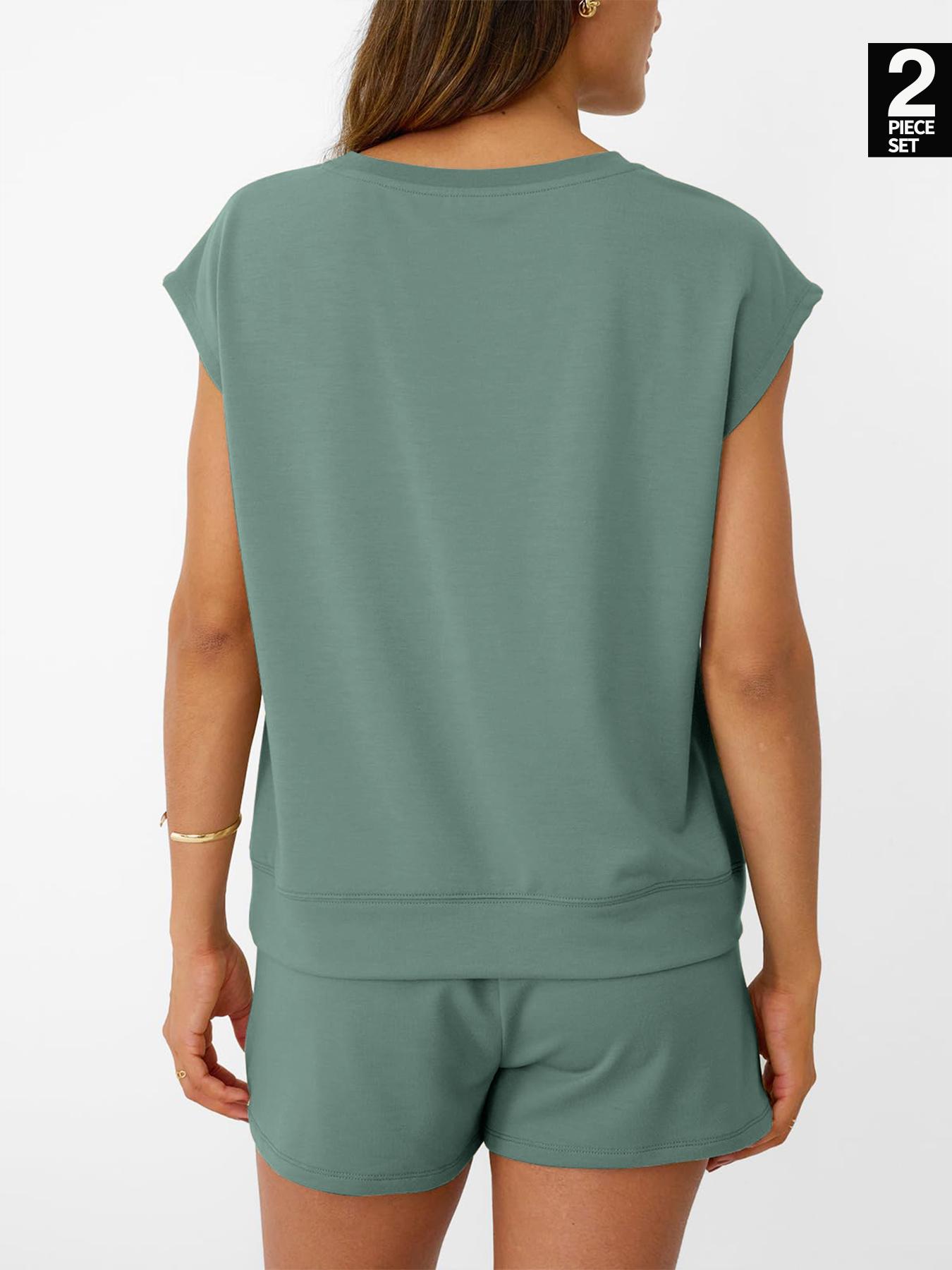 Women's Solid Curved Hem Tee & Drawstring Waist Shorts Set, Casual Cap Sleeve T-shirt & Pocket Shorts, Ladies Sleepwear for Summer, Loungewear Pajama Set