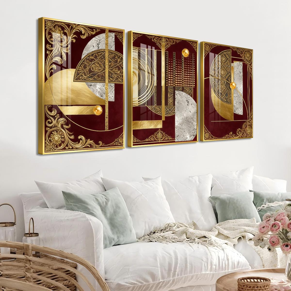 3 Counts Aluminum Alloy Framed Painting, Abstract Geometric Gold And Burgundy Art, Home Decoration For Living Room, Bedroom, Office, Restaurant, Hallway Wall Decor, Odorless Print Artwork, Luxury Perfect Gift For Friends And Family