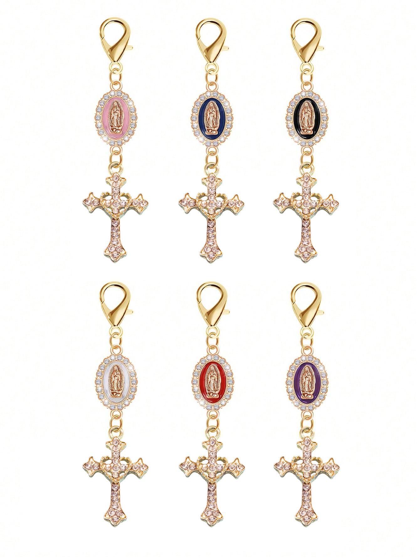 Christian Amulet Keychain With Love And Rhinestone Cross, Pendant Decorated With The Virgin Mary, Pearl And Diamond Amulet - Gothic Cross Keychain, Keychain For Bags, Bag Amulet, Cross Pendant, Decorative Wallet Backpack Accessories
