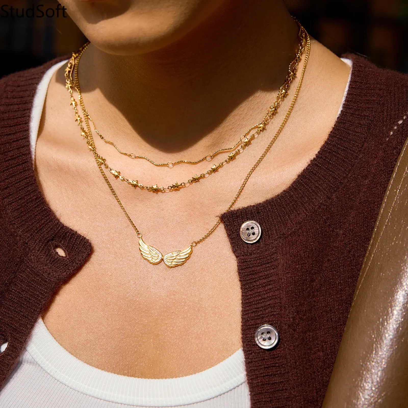 Minimalist 18K Gold Plated Angel Wings Necklace for Women Layered Star Choker Wavy Chain Waterproof Stainless Steel Jewelry Set Daily Gift