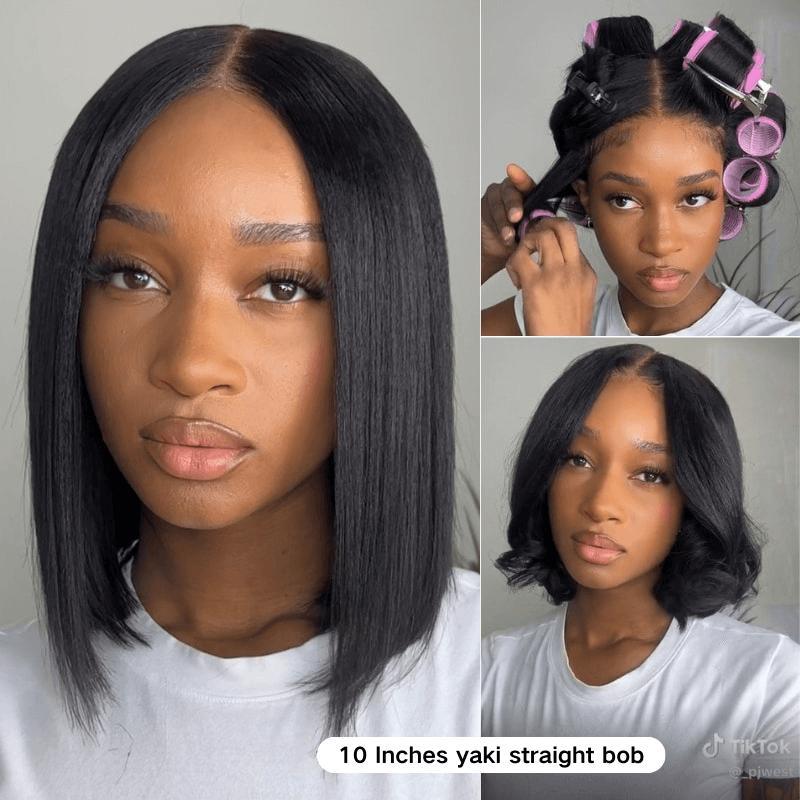 【Upgraded Drawstring】Lynee Monae’s style Sunber Yaki Straight Bob Pre-Cut 7X5 HD Lace Human Hair Wigs with Bye Bye Knots TikTokShopSpringGlowUp