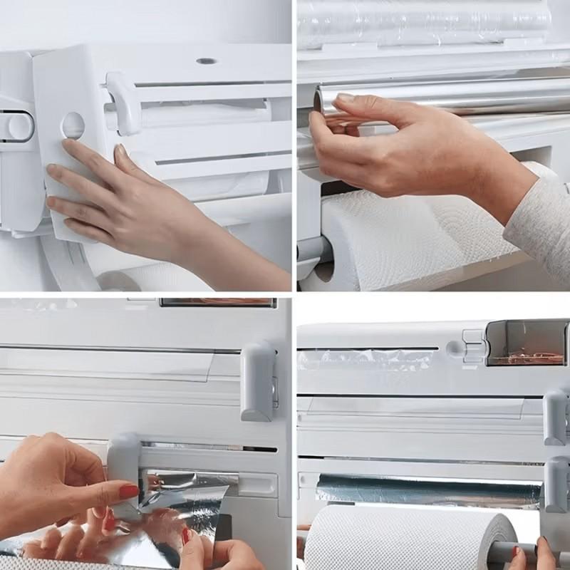 Durable Plastic Wall-Mounted Kitchen Organizer Rack with Built In Scissors And Foil Dispenser - Suitable for Parchment Paper, Foil, Baking Paper, Towels, And Rolls - a Home Storage Solution That Requires No Power