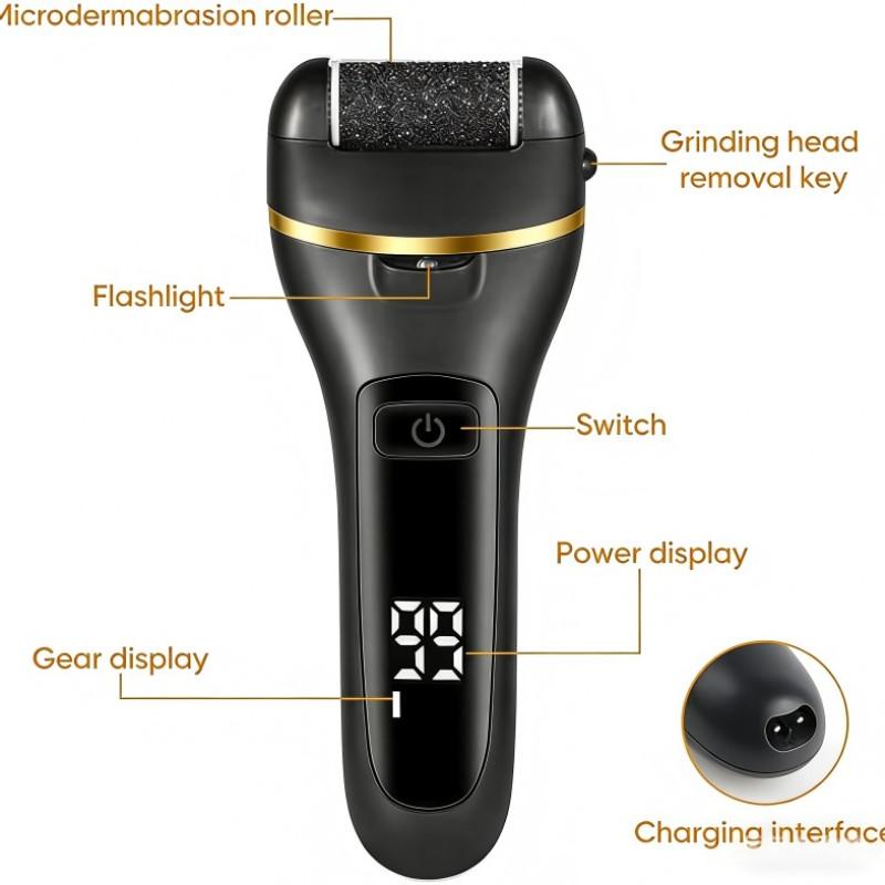 Electric Foot Exfoliator Kit, Rechargeable Nail Care Tool, 3 Rollers, 2 Speeds, Battery Display, Removes Dry Heels, Calluses, Dead Skin