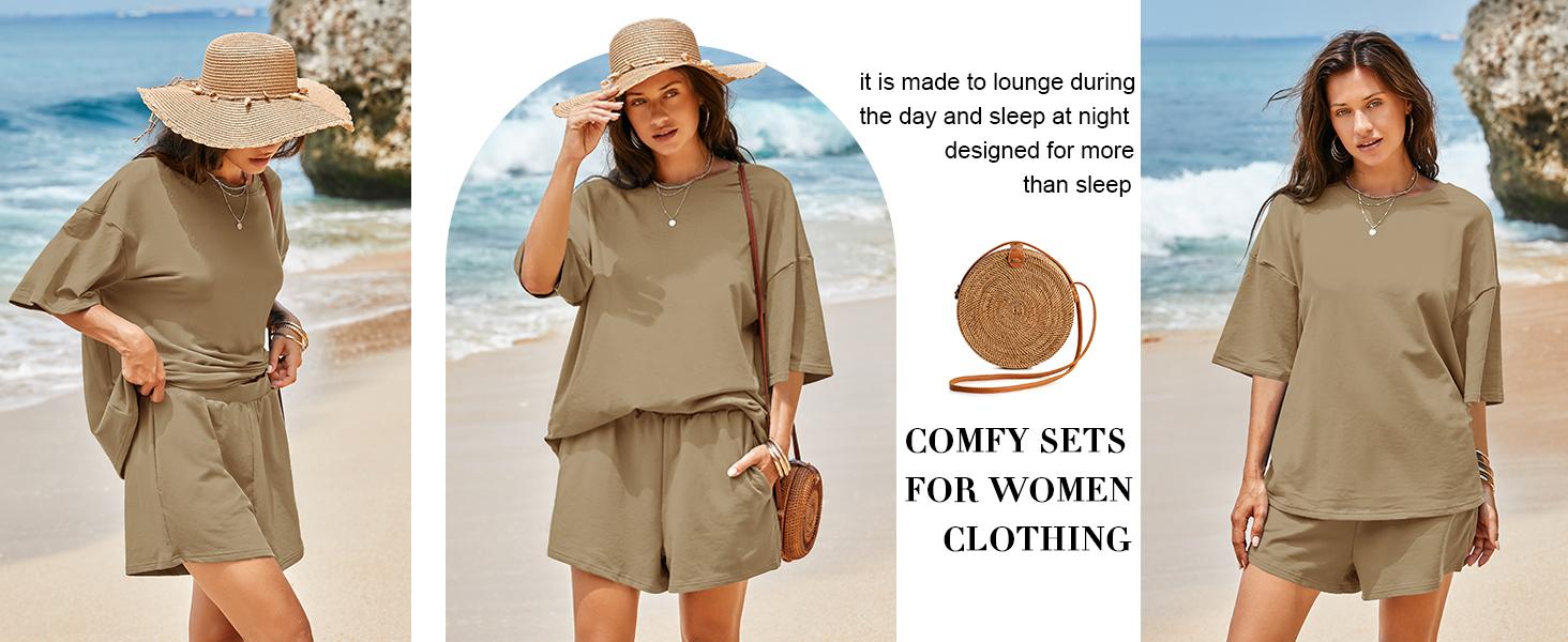 Imily Bela Womens 2 Piece Outfits 3/4 Sleeve Tops and Elastic Waist Shorts Lounge Sets Loungewea Womenswear Loungewear