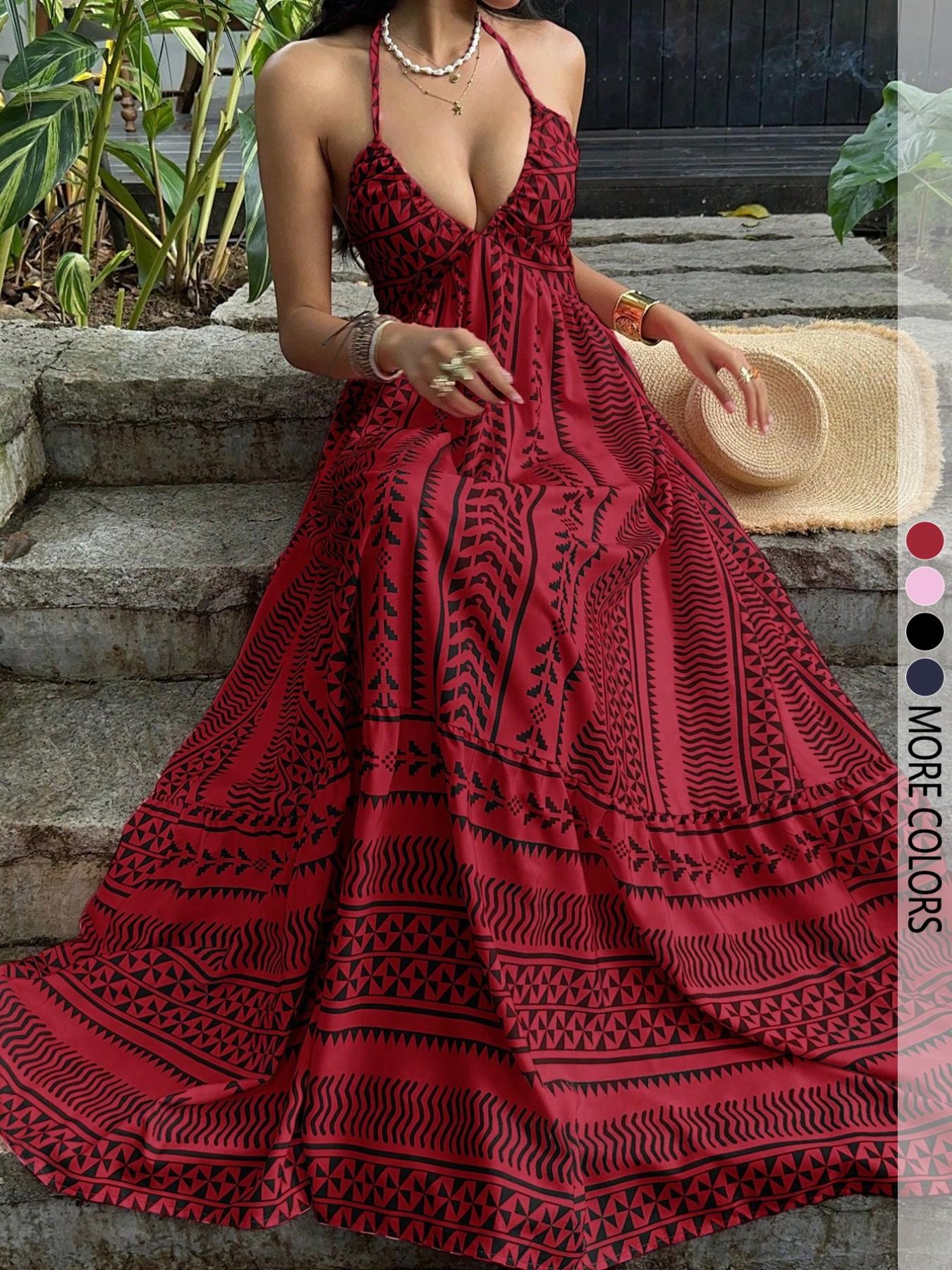 Women's All Over Print Backless Halter Neck Deep V-Neck Summer Beach Vacation Bodycon Dress, Casual Boho Elegant Maxi Long Dress