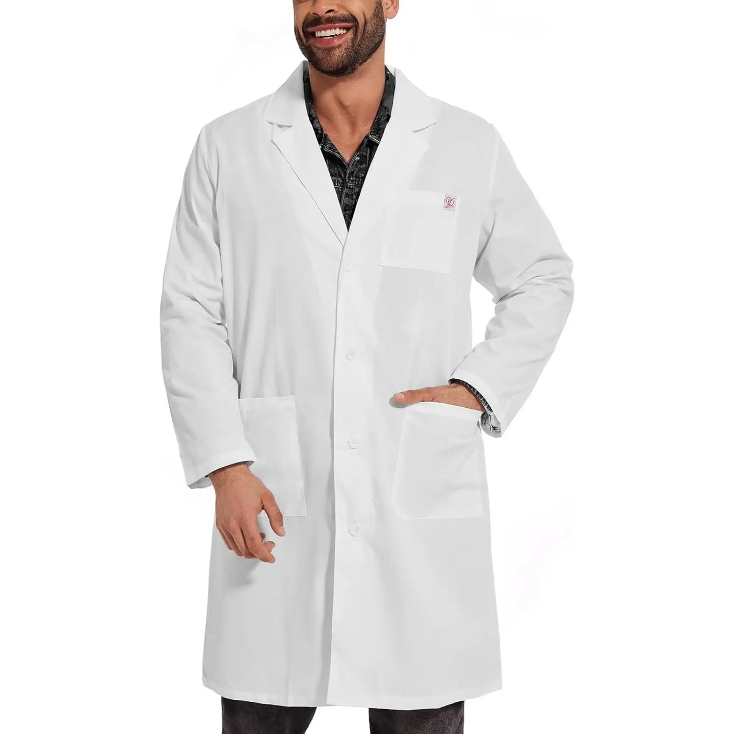 Professional Long-Sleeve Unisex White Lab Coat for Adult Men with 3 Pockets