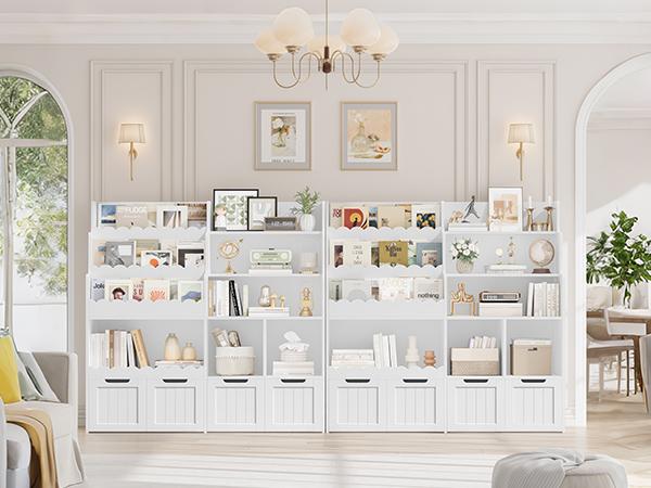 FOTOSOK Kids Bookshelf, Toy Storage Organizer, Large Toy Organizer with 4 Movable Drawers and 3 Storage Cubbies, Book Shelf for Kids Room