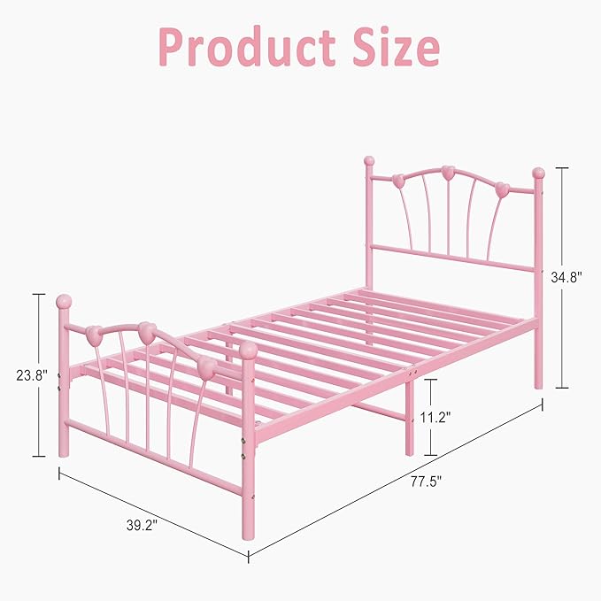 Twin Size Metal Platform Bed Frame Mattress Foundation with Iron-Art Sweat Heart Headboard & Footboard/Firm Support & Easy Set up Structure