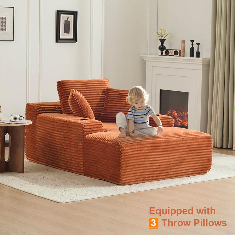 QAK 64‘’ Boneless Chaise Lounge, Upholstered Sofa Bed with Throw Pillows and Armrests, Indoor Sleeper Chair Luxurious Plush Corduroy Chair Bed for Living Room No Assembly Required