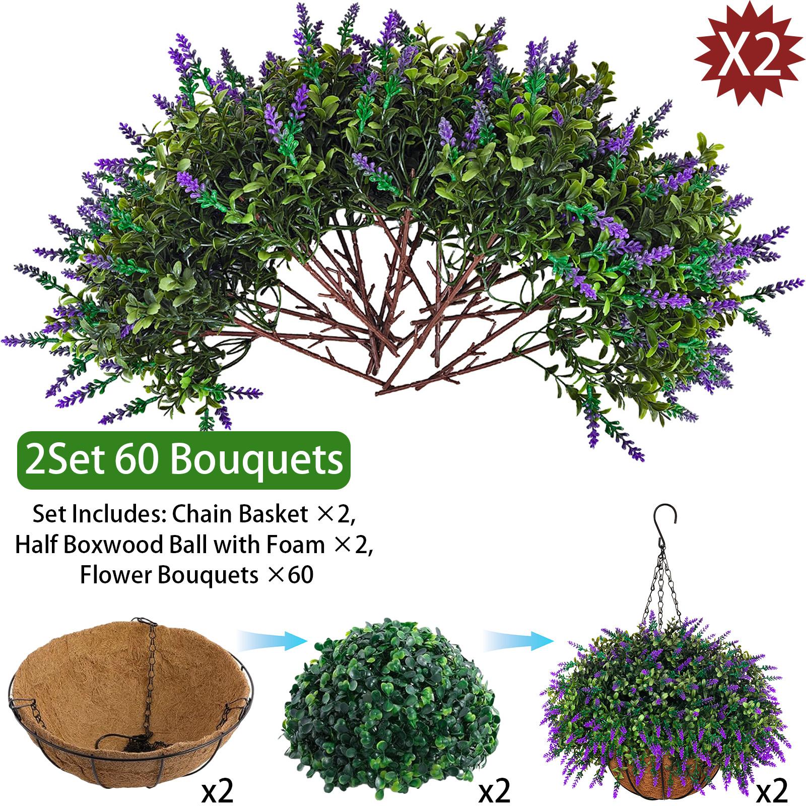 2sets hanging planters for outdoor plants with artificial Decorative flowers,2 coconut fiber hanging baskets, 60 artificial lavender flowers,for Summer and Spring Home Porch, Patio, and Terrace Decoration