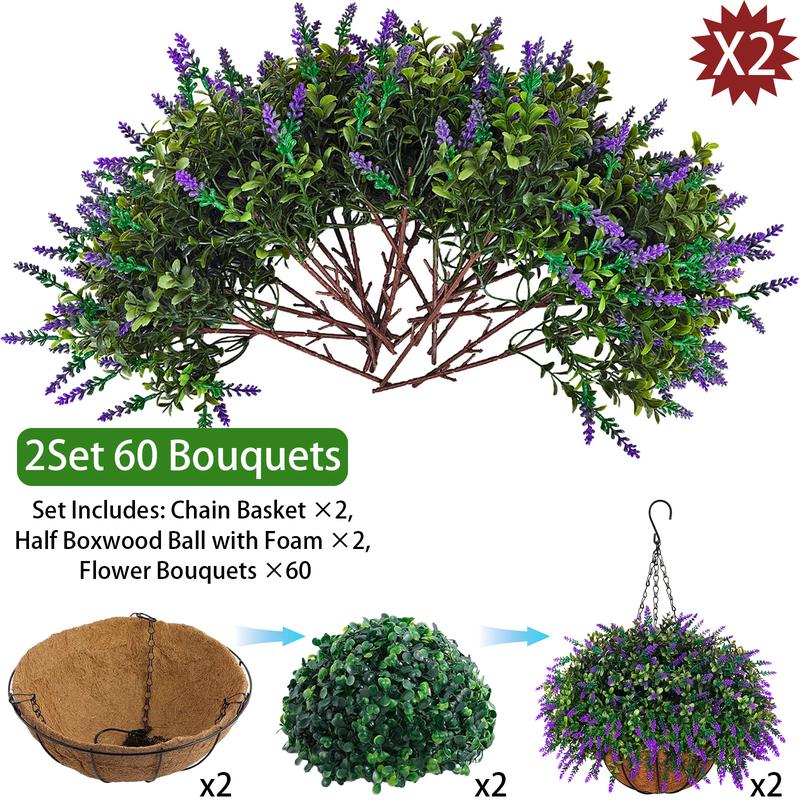2sets hanging planters for outdoor plants with artificial flowers,2 coconut fiber hanging baskets, 60 artificial lavender flowers,for Summer and Spring Home Porch, Patio, and Terrace Decoration