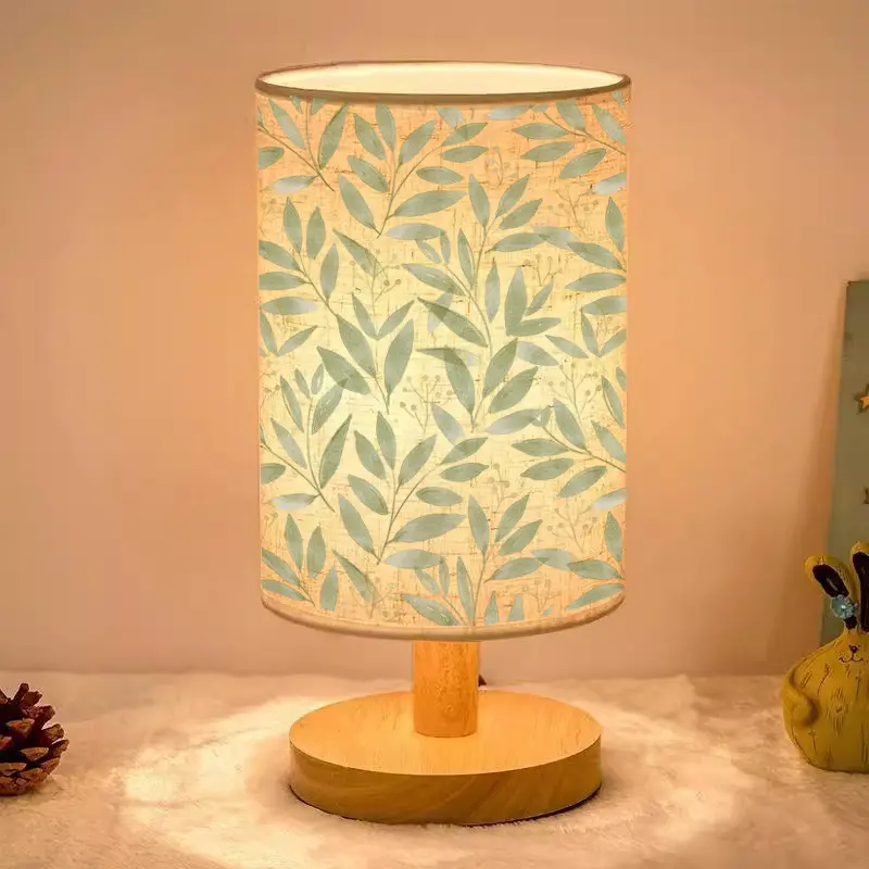 "Green Leaves and Golden Flowers, Black Background Floral Art" Printed Table Lamp for Bedroom and Living Room, Suitable for Living Room and Dining Table Lighting, Indoor Table Lamp with Lampshade, Perfect for Holiday Gifts like Christmas and Halloween