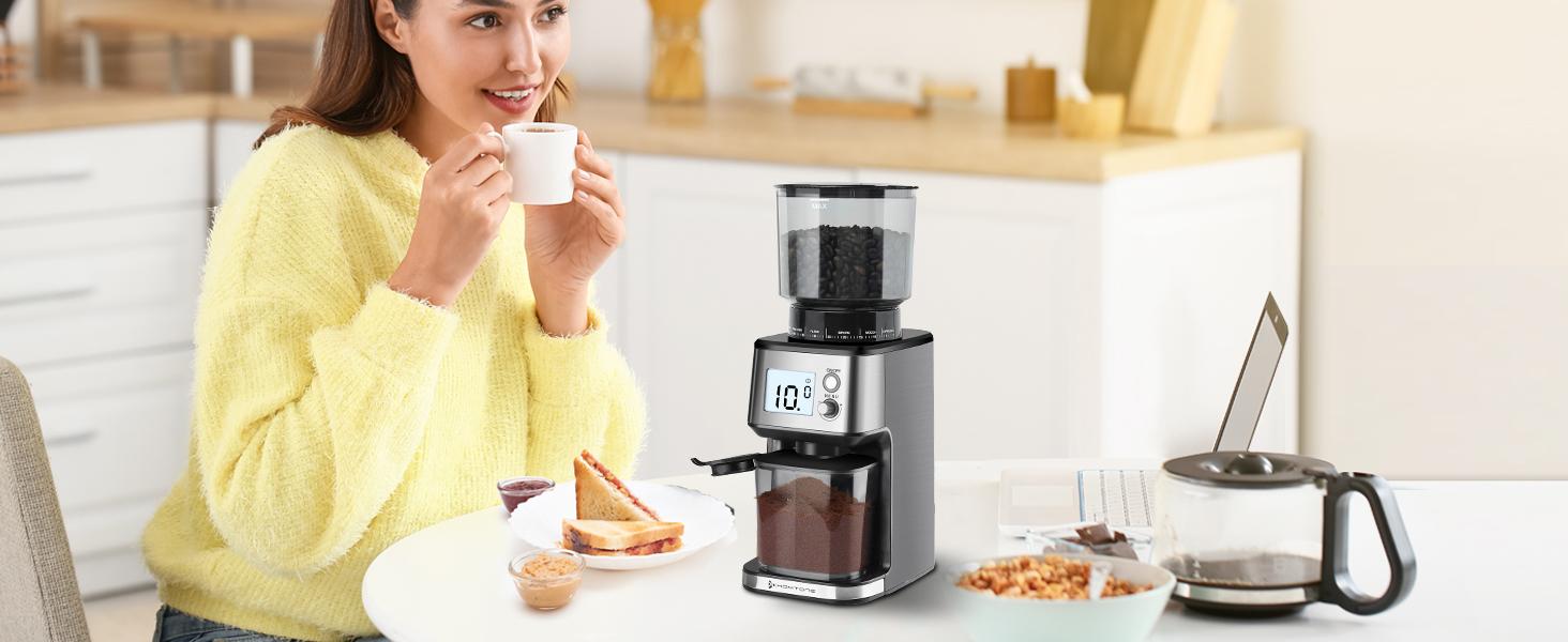 Homtone Conical Burr Coffee Grinder, Anti-Static Electric Espresso Grinder with 51 Precise Settings, Adjustable Coffee Bean Grinder for 2-12 Cups, Clog-Free, Digital Display Stainless Steel Homtone Conical Burr Coffee Grinder, Anti-Static Electric Espresso Grinder with 51 Precise Settings, Adjustable Coffee Bean Grinder for 2-12 Cups, Clog-Free, Digital Display Stainless Steel
