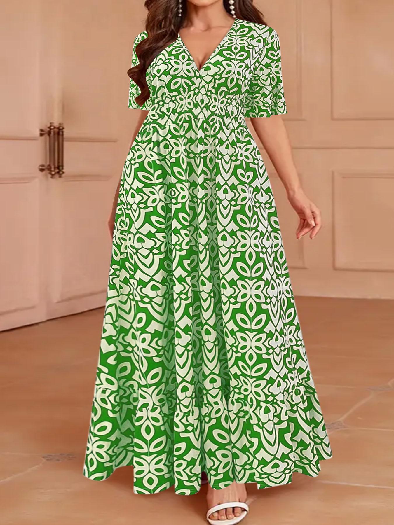 Plus Size Vintage Totem Print Dress, Half Sleeve Design, Curvy Slimming Vacation Dress