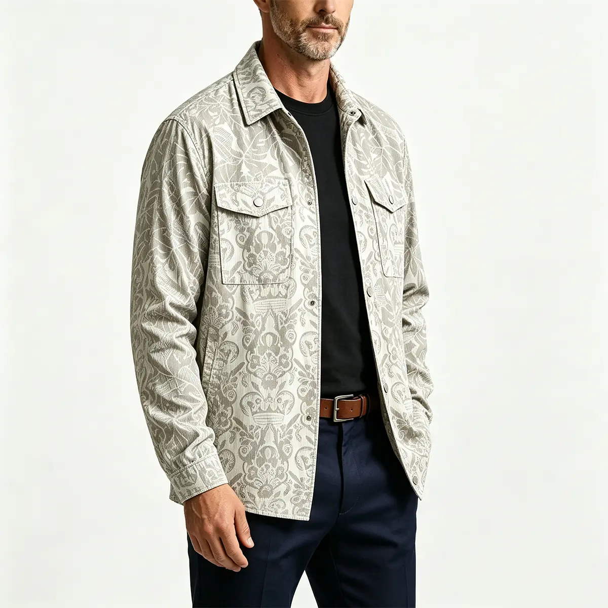 Men's Retro European All-Over Print Corduroy Shirt Jacket - Menswear, Longsleeves, Front Buttons, Double Chest Pockets, Soft Texture, Urban Versatile Casual Daily Wear, Top, Double Pockets