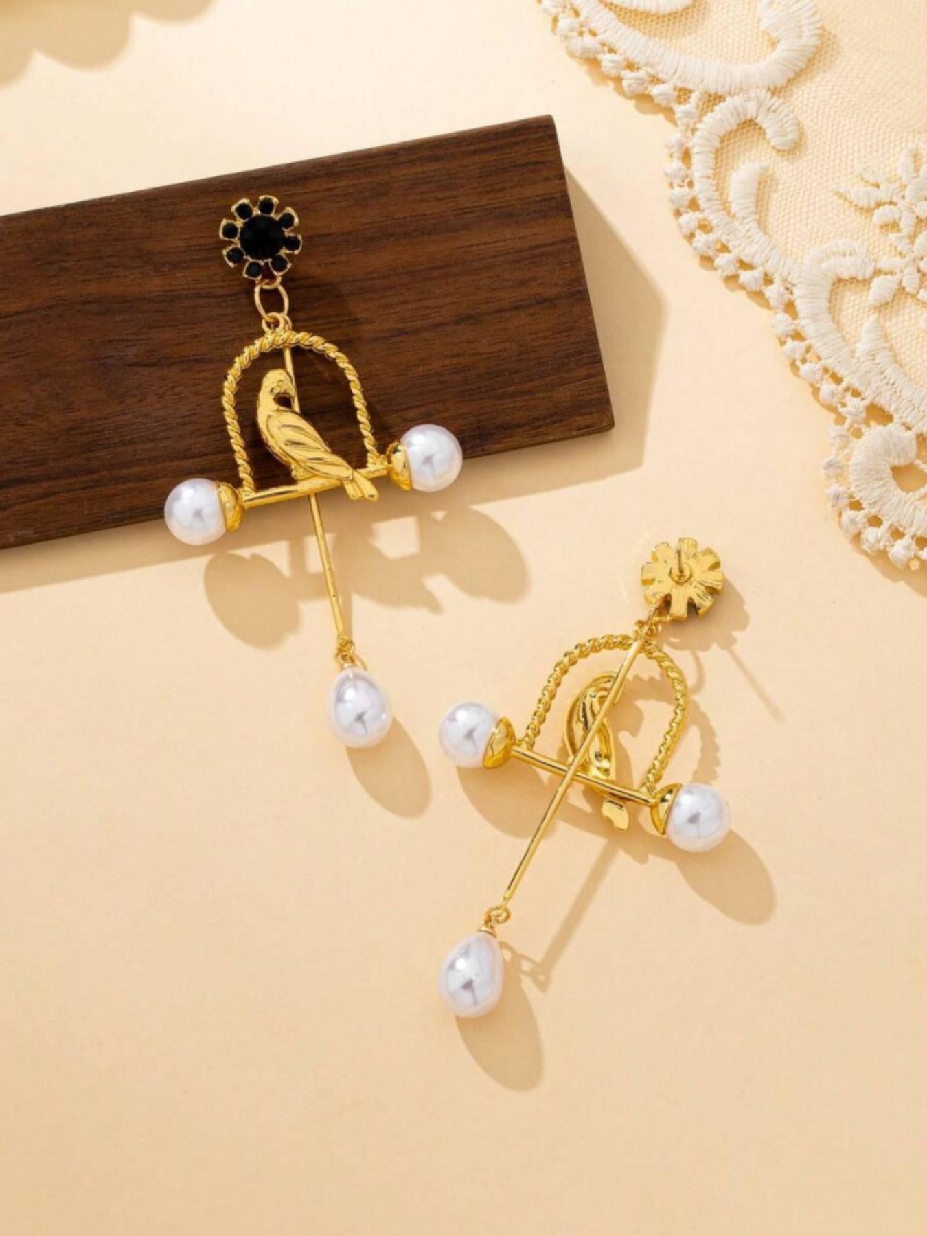 Vintage Long Courtly Feng Shui Bird Artificial Pearl Earrings, Unique Antique Style, Elegant Fashion Jewelry for Women, Party Gift Accessory