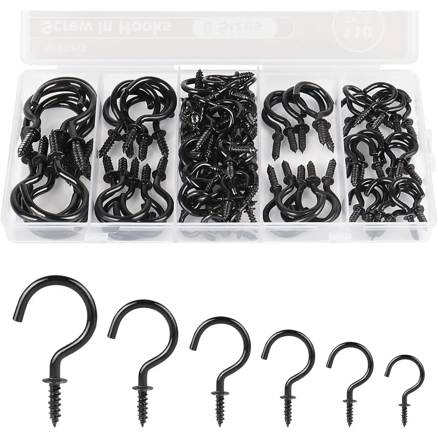 Screw Hooks, 6 Sizes Metal Screw in Cup Hooks, Black, 110 count | 1/2 Inch, 5/8 Inch, 3/4 Inch, 7/8 Inch, 1 Inch, 1-1/4 Inch, Twist in, for  Cups String Lights  Necklace Key