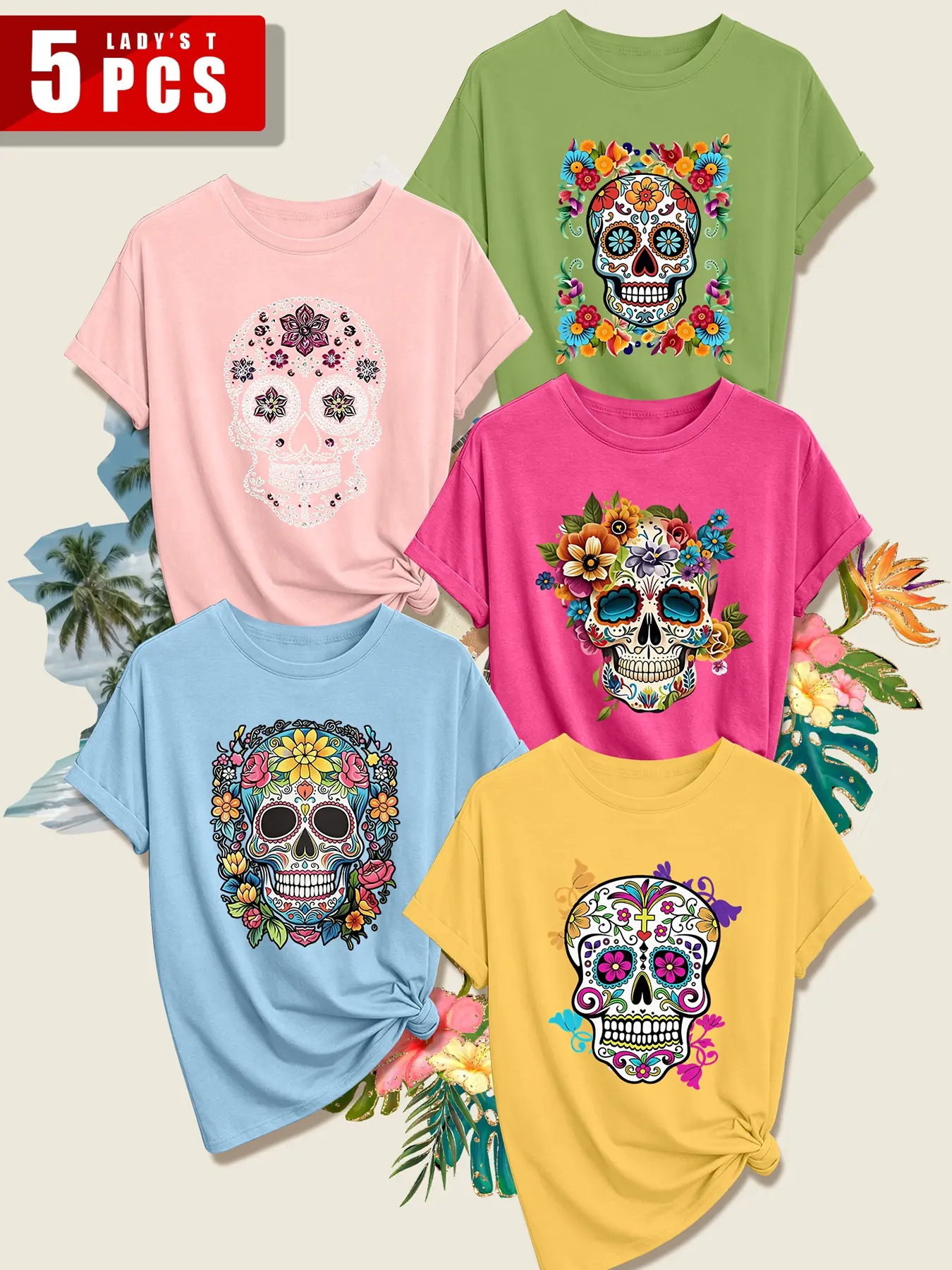 5Pcs Ladies Crew Neck Tops, Folk Style Butterfly Dog Bird Floral Print, Multi Color Options, Soft Skin-Friendly Material, Fresh All-Match Spring Summer Shirts, Daily Casual, Machine Washable