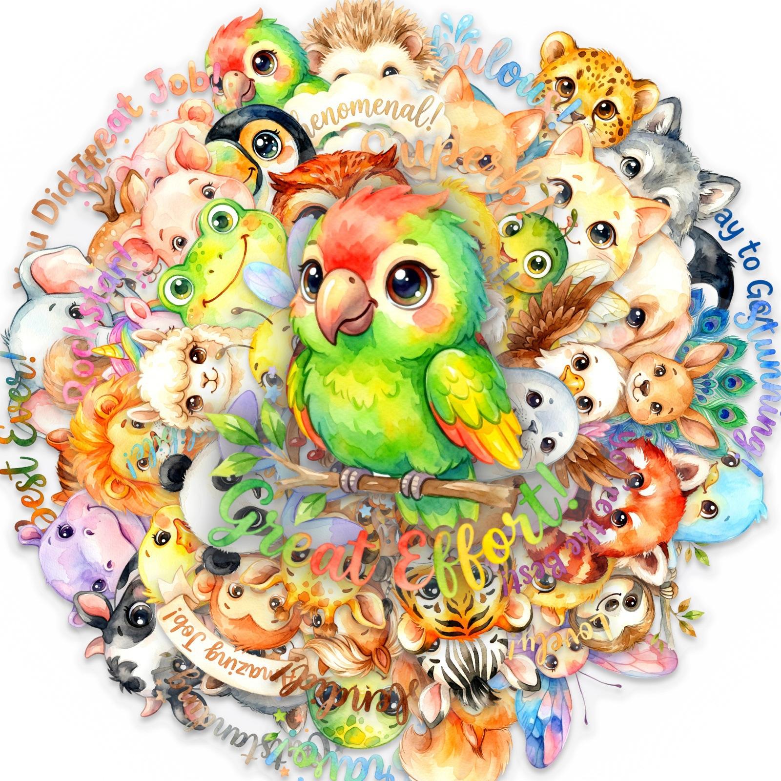 New 50 cute and adorable pet stickers  Inspirational slogan transparent PET sticker set, watercolor style children's reward decoration sticker