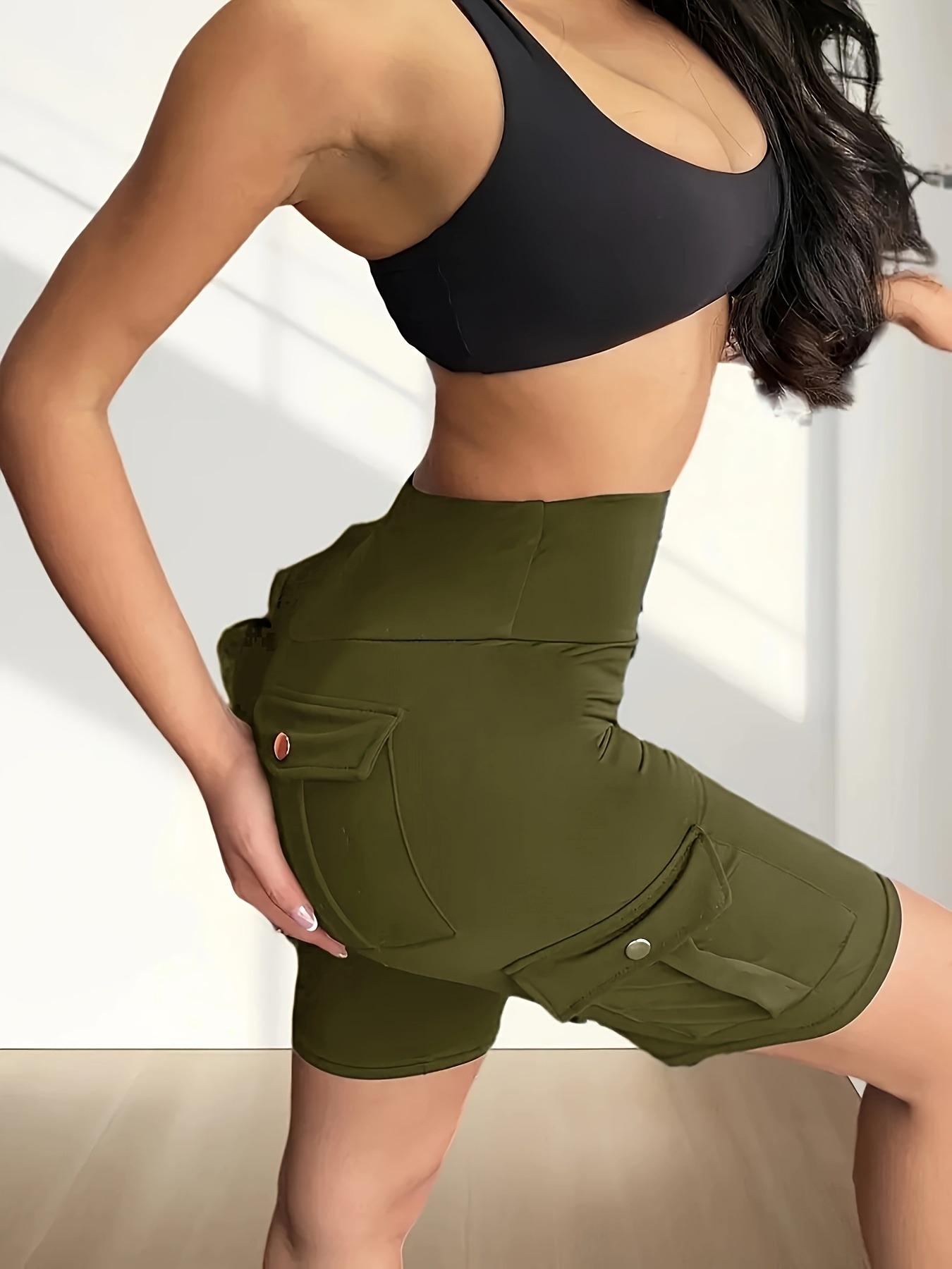 Women's High Waist Pocket Shorts, Slim-Fit Elastic Running Pants, Casual Spring & Fall Outdoor Sports Wear, Comfortable Fit