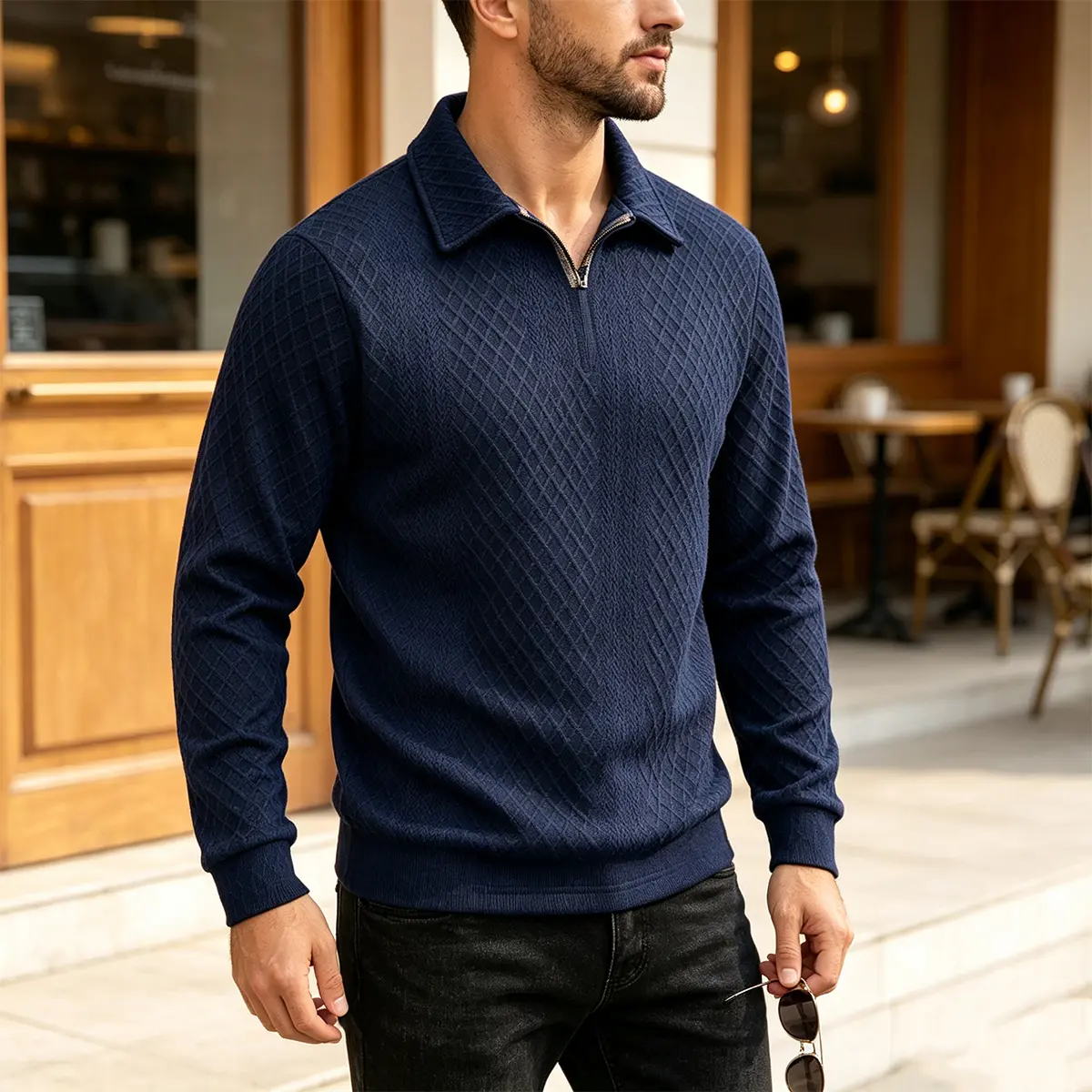 Men Navy Diamond‑Textured Quarter‑Zip Knit Pullover, classic turn‑down polo collar with half zipper placket for adjustable neck fit, elegant all‑over diamond jacquard woven texture creates subtle dimensional visual effect, long sleeves with fitted ribbed