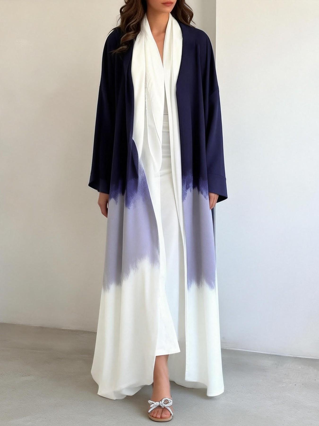 Women's Gradient Color Block Open Front Cardigan, Long Sleeve Loose Fit Elegant Commuter Casual Arab Robe, Cross-Border Fashion Outerwear