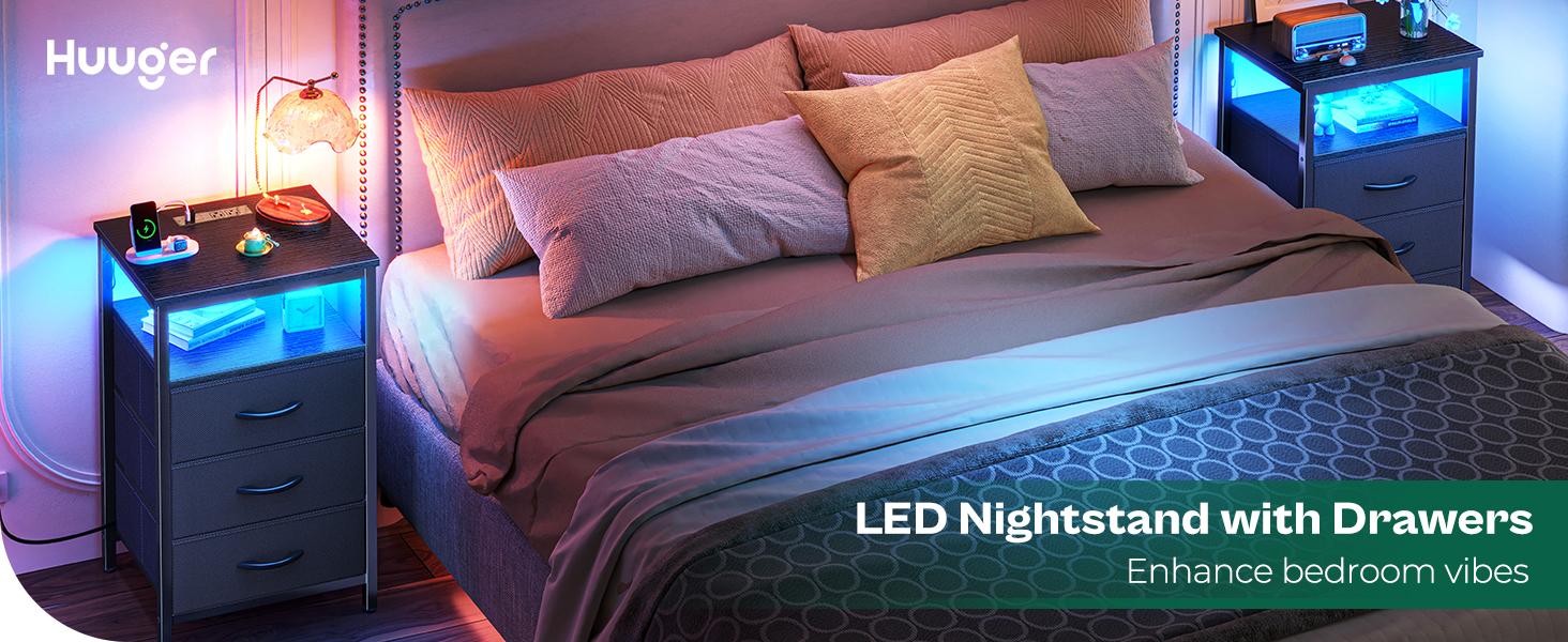 Huuger Night Stand with Charger Station and LED Lights, 3 Drawer Nightstand, Bed Side Table with Open Shelf, Tall Fabric Dresser for Bedroom room decor