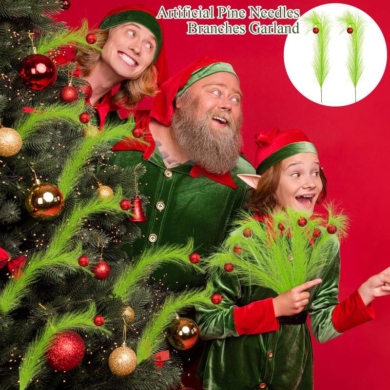 Christmas Clearance Sale Christmas Ornaments Green Furry Picks Fluffy Cuttable Christmas Tree Topper Set Xmas Tree Branch, Faux Pampas Grass Bendable Picks, Curly Artificial Stems with Berry Red Ball Wreath Vase Filler Holiday Home Christmas Decor