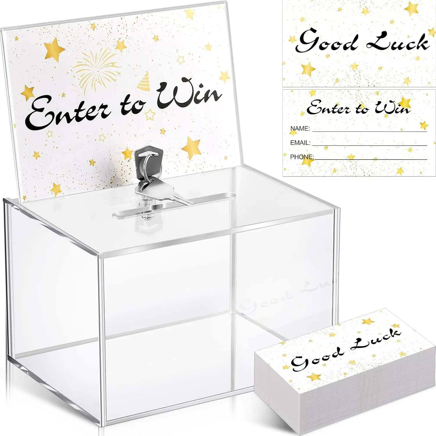 6.3 x 4.4 x 4 Inch Acrylic Raffle Box with Lock, 200 Raffle Tickets, Sign Holder, Suggestion Box with Slot, Clear Donation Collection for Vote