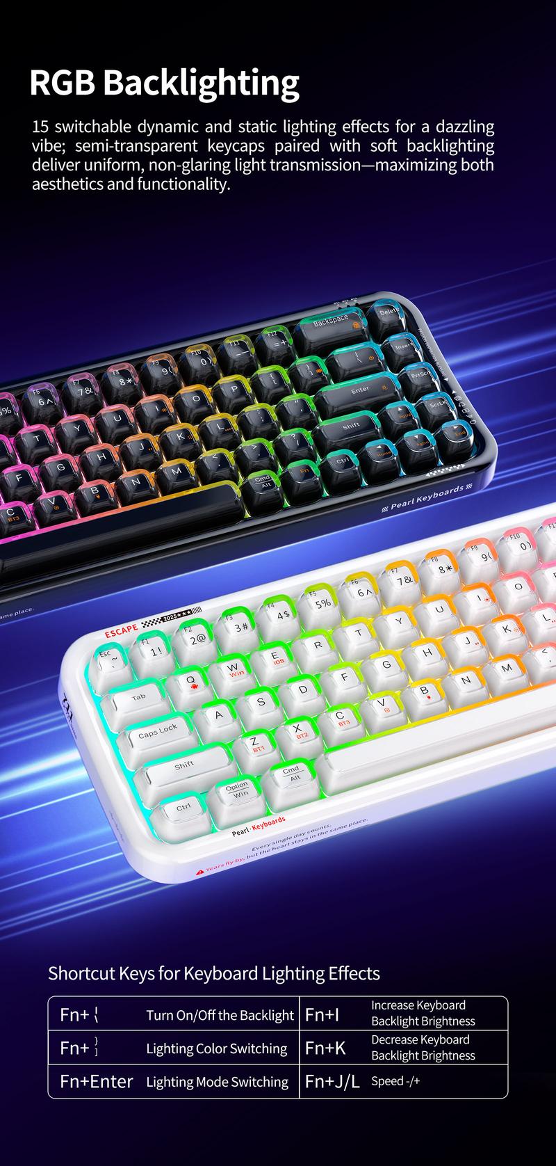 MOFii RGB Gaming Keyboard | 15 Light Effects, Cute Pink Transparent Keycaps, Rechargeable, BT/Wireless/Wired, US QWERTY